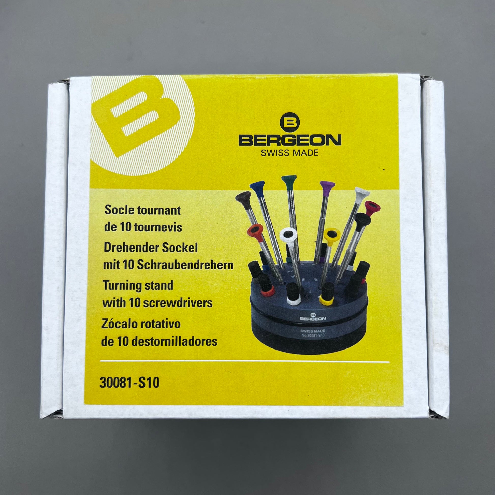 Swiss Bergeon ergonomic 10-piece screwdriver set with rotating stand for precise watch repair tools