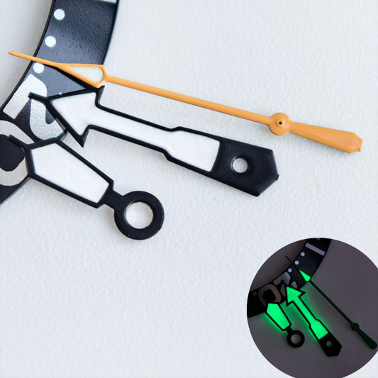 Black-trimmed white and orange watch hands with green lume for NH35/36 movement, enhancing visibility and style.