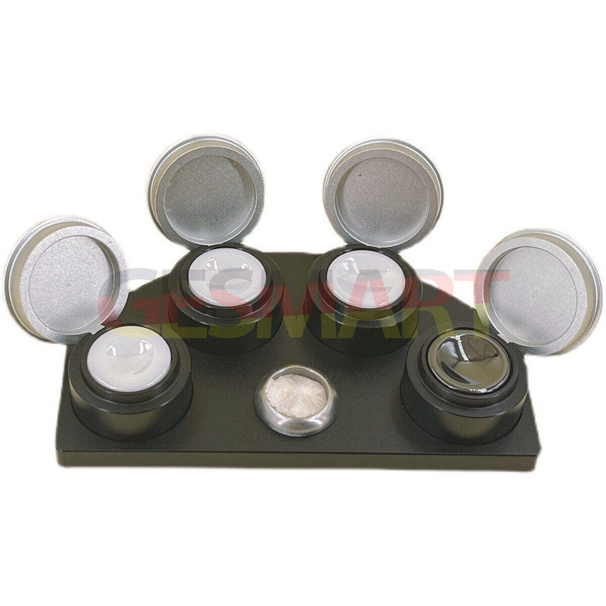 Die-cast alloy oil cup stand with 4 black ceramic containers for watch repair.