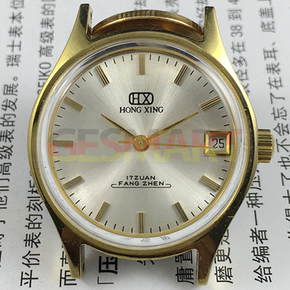 China Made 32mm manual mechanical watch with round case, single calendar, 17 jewels, elegant design.