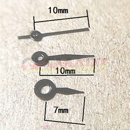 Black polished watch hands 6-10mm by Hattori, compatible with Epson VX12 quartz movement, precise replacement accessory.