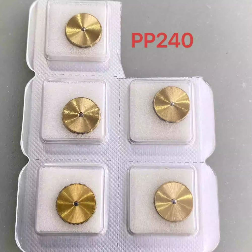 Golden Complete Barrel with New Mainspring for PP240 watch accessories, durable replacement part.