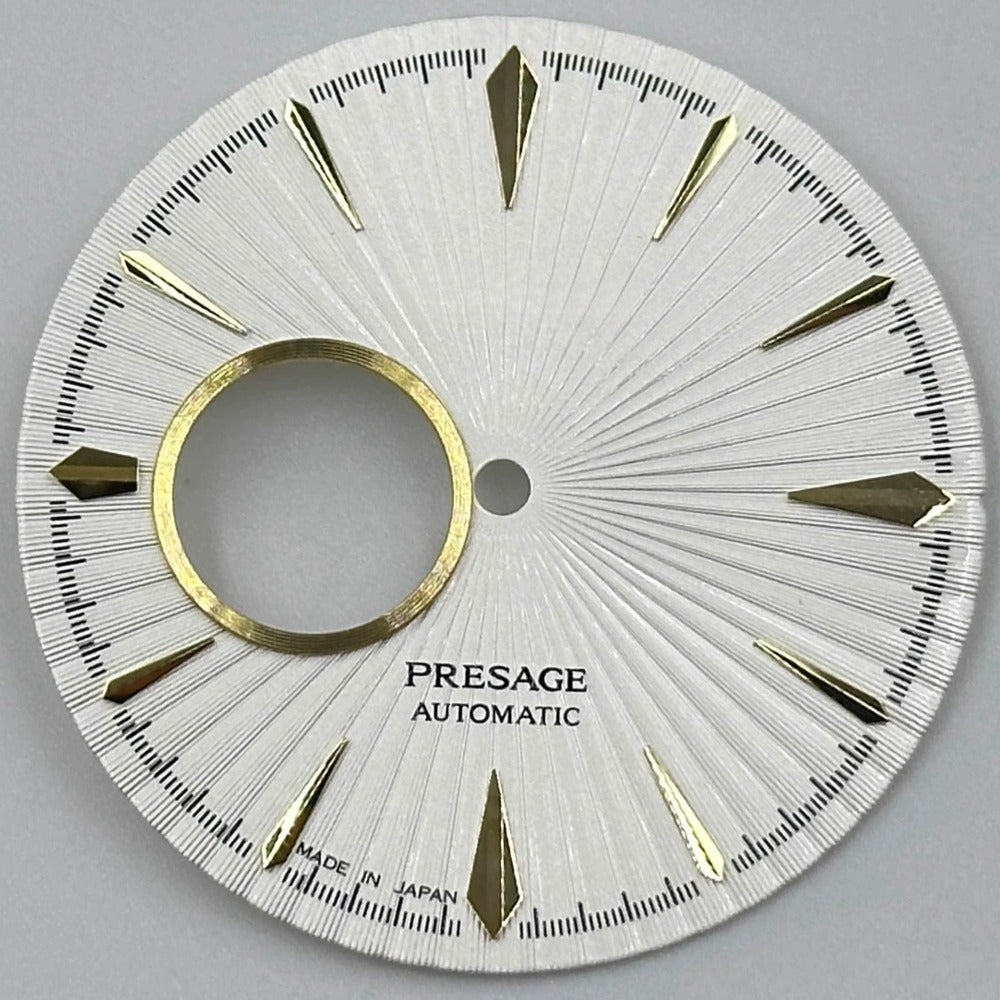Golden 35mm Cocktail-style watch dial with white no-lume finish, designed for NH39 movement.