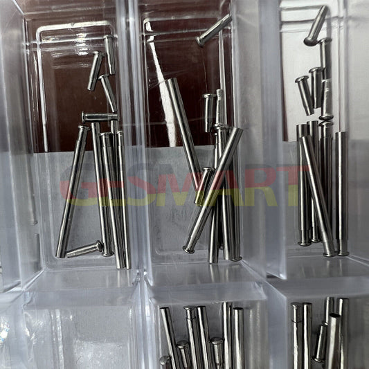 Watch band part pins with tubes, 1.2mm dia, 13 sizes, 65-piece set for precise watch accessory repairs.