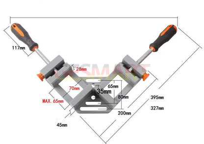 Double handle right angle corner clamp, aluminum alloy for precise woodworking joints.