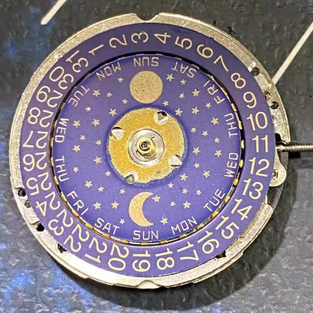 Swiss ISA 1198 quartz watch part showing day, date, and moon phase functions for precision repair.