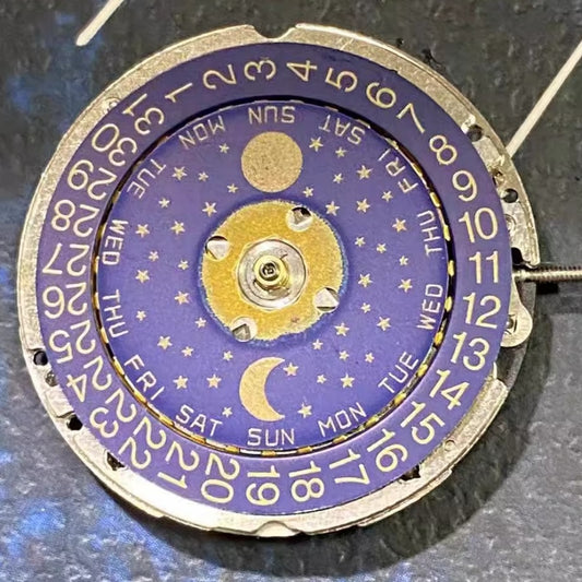 Swiss ISA 1198 quartz watch part showing day, date, and moon phase functions for precision repair.