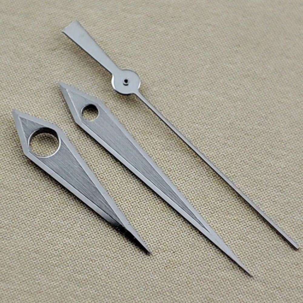 Silver brushed 12.5mm watch hands with processed hemming, no lume, compatible with NH35/36 movements.