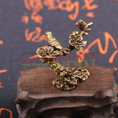 Solid copper blooming flowers trinket with hand-carved bronze magpie figurine.