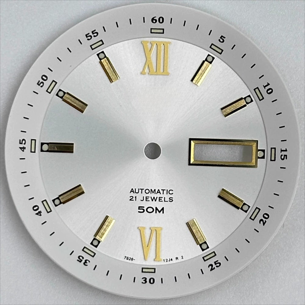 White 35.8mm Datejust watch dial with golden Roman numerals, modified lume for NH36 movement.