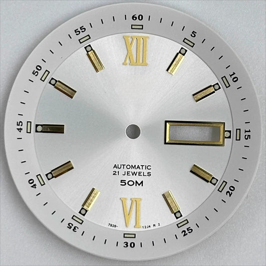 White 35.8mm Datejust watch dial with golden Roman numerals, modified lume for NH36 movement.