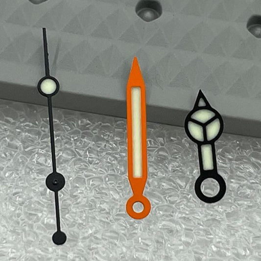 Orange and black trim C3 green lume vintage watch hands for NH34 NH35 NH36 NH38 movements.