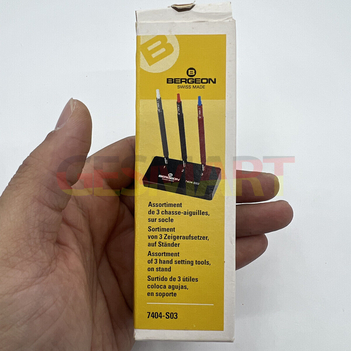 Bergeon 7404-S03 watch hand fitting tools set of 3 with sturdy base for precise watch repair and assembly.
