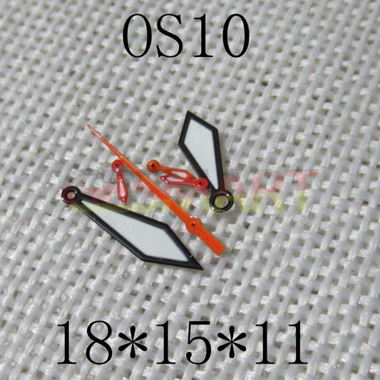 Black trim green lume watch hands for Miyota OS10 movement, precise fit and luminous visibility.