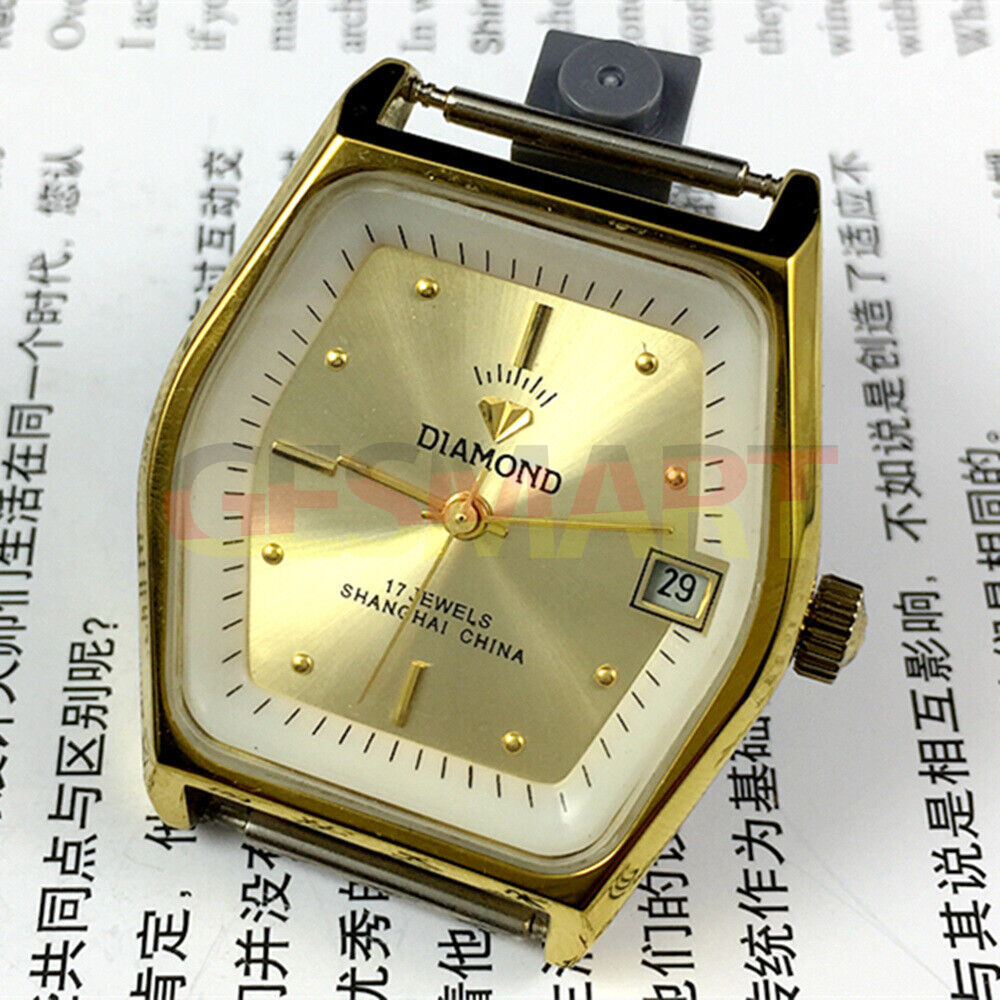 33mm Shanghai manual mechanical watch with diamond accents, 17 jewels, single calendar, elegant design.
