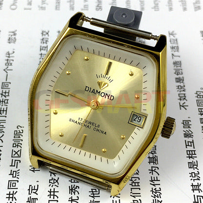 33mm Shanghai manual mechanical watch with diamond accents, 17 jewels, single calendar, elegant design.