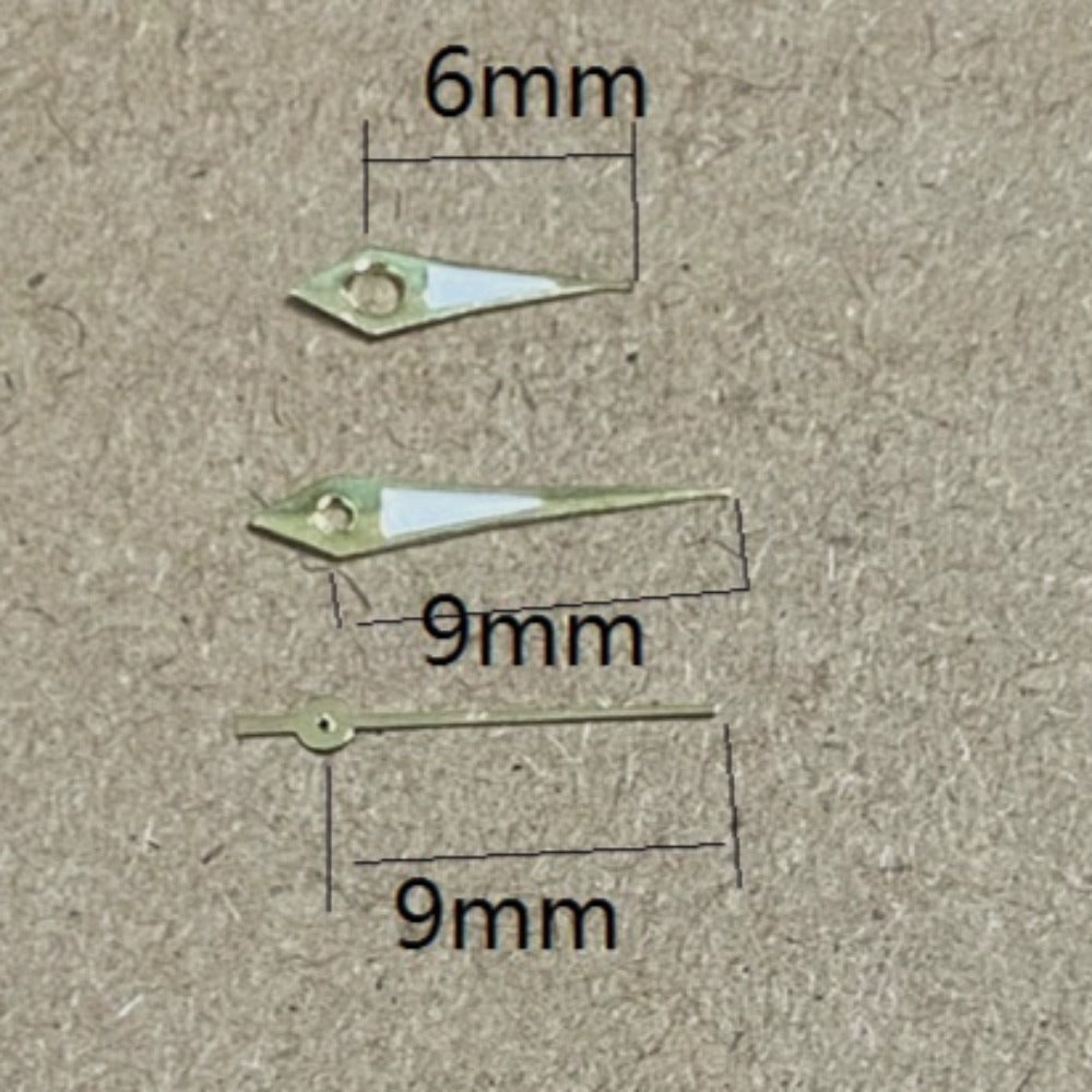 Golden Trim lume arrow-shaped watch hands, 9x9x6mm, compatible with Miyota 2035 quartz movement, precision fit.