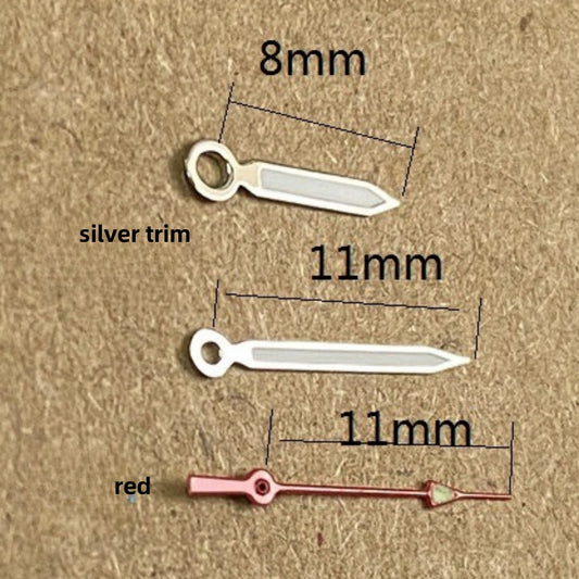 Aiguilles triangulaires pointues rouges luminescentes 11 x 11 x 8 mm pour mouvement à quartz Ronda 515