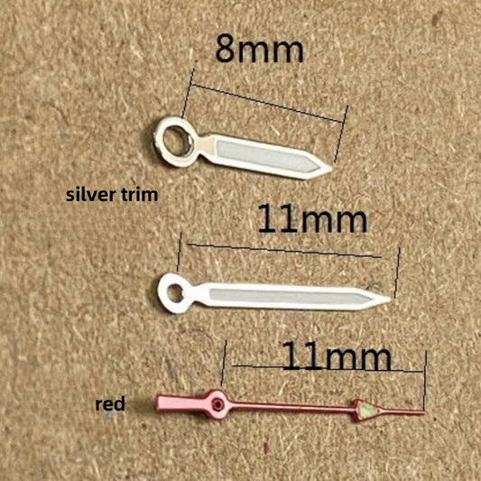 Aiguilles triangulaires pointues rouges luminescentes 11 x 11 x 8 mm pour mouvement à quartz Ronda 515