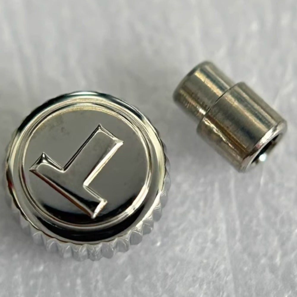 Polished steel silver watch crown for Tissot T085, ideal replacement part for watch repair and maintenance.