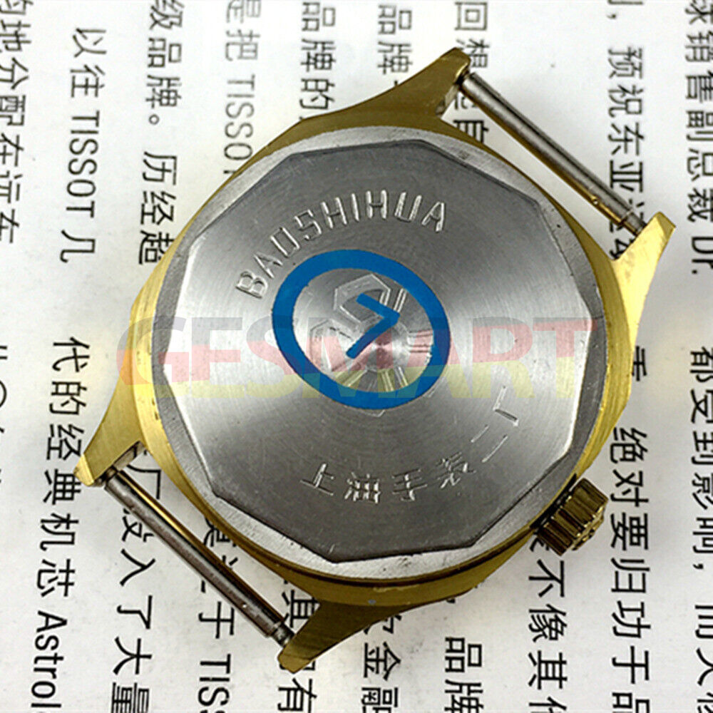 Shanghai 33mm manual mechanical watch with blue dial, square case, golden nail markers, 17 jewels for classic style.