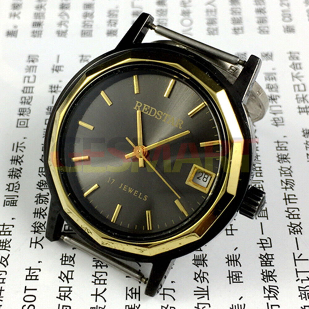 China Made manual mechanical watch with 17 jewels, single calendar, black dial, and black case for elegant timekeeping.