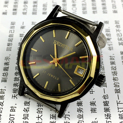 China Made manual mechanical watch with 17 jewels, single calendar, black dial, and black case for elegant timekeeping.