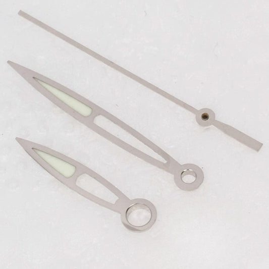 Modified silver lume watch hands for ETA2836, 2824, 2892A2 movements, enhancing visibility with luminous tips.