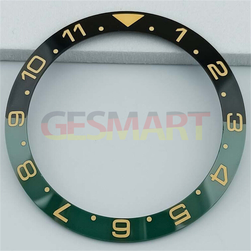 38mm black and green ceramic GMT bezel with white and gold font, for SUB watches.