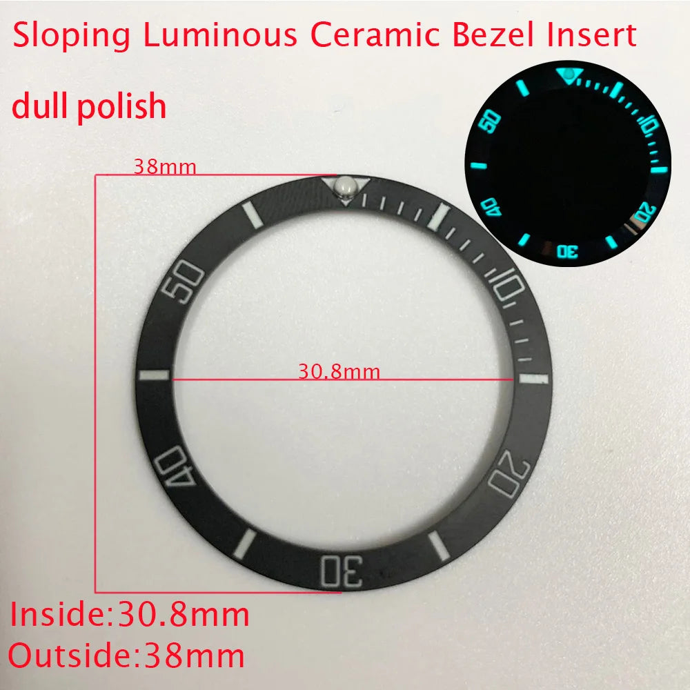 Sloping ceramic bezel insert 38x30.8mm for divers watches, super luminous, durable replacement part.