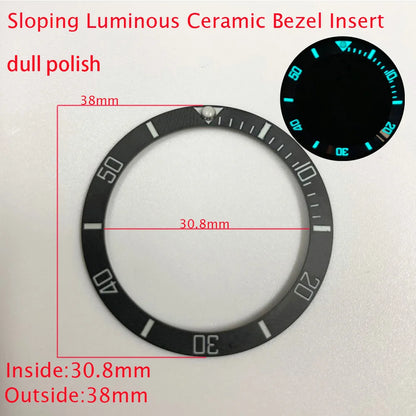 Sloping ceramic bezel insert 38x30.8mm for divers watches, super luminous, durable replacement part.