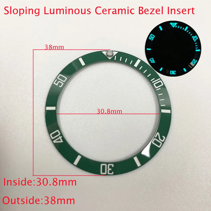 Sloping ceramic bezel insert 38x30.8mm for divers watches, super luminous, durable replacement part.
