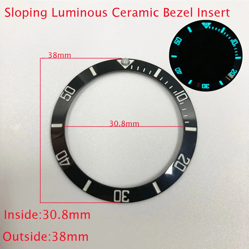 Sloping ceramic bezel insert 38x30.8mm for divers watches, super luminous, durable replacement part.