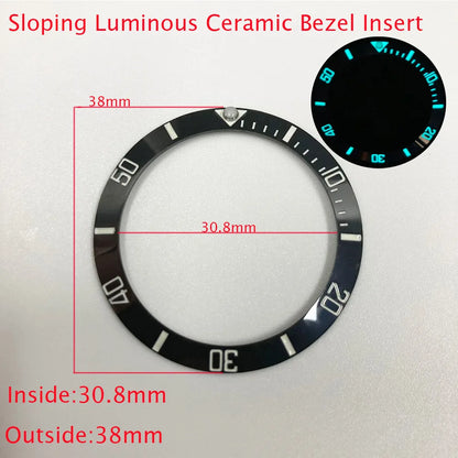 Sloping ceramic bezel insert 38x30.8mm for divers watches, super luminous, durable replacement part.