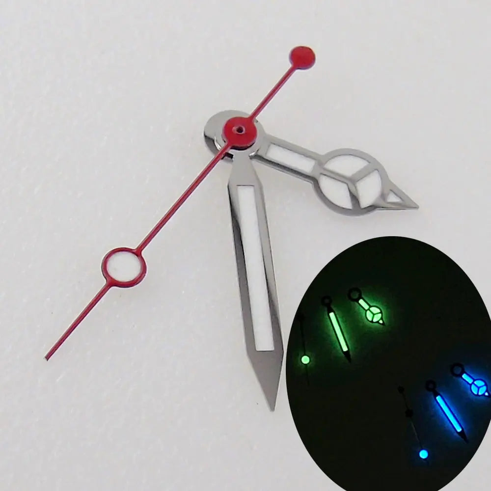MOD Red Second Silver Watch Hands For NH35 NH36 7S35 4R35 with Blue Green Lume