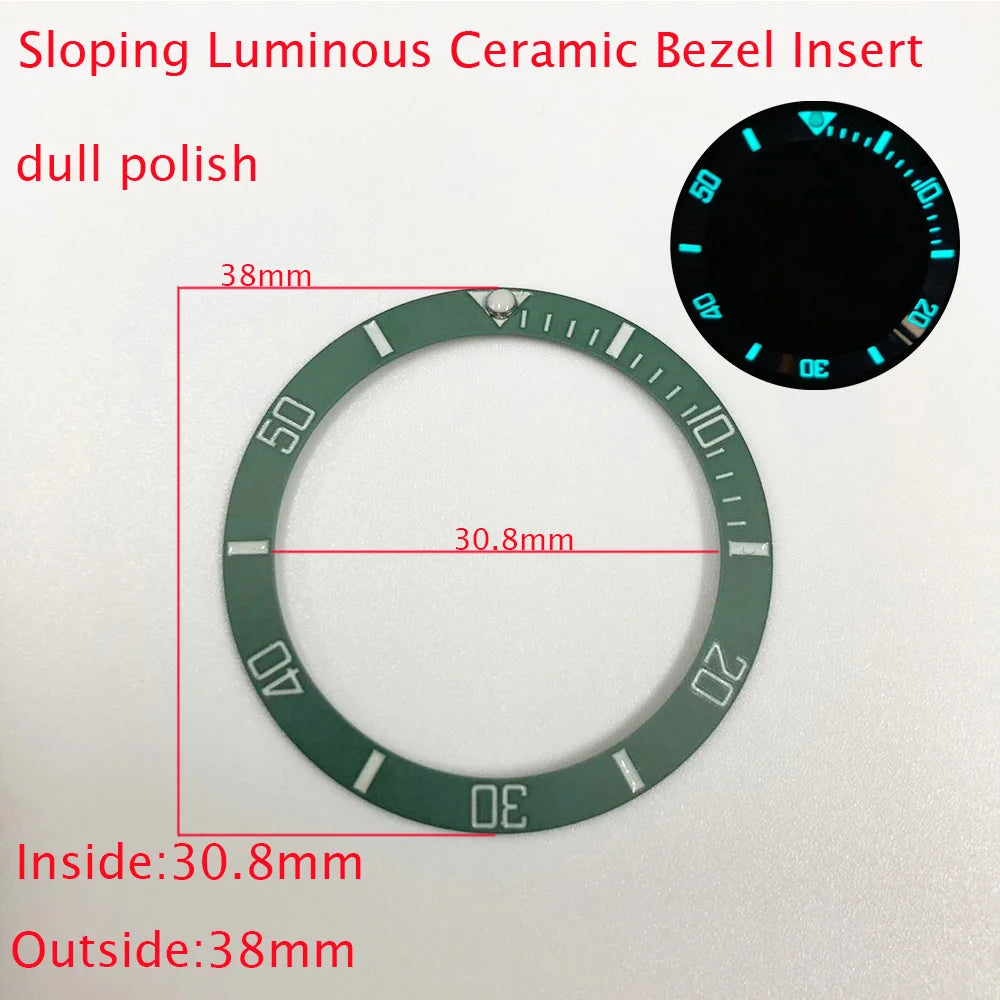 Sloping ceramic bezel insert 38x30.8mm for divers watches, super luminous, durable replacement part.