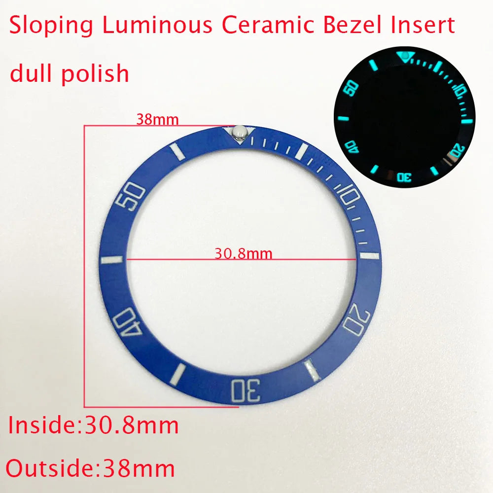 Sloping ceramic bezel insert 38x30.8mm for divers watches, super luminous, durable replacement part.