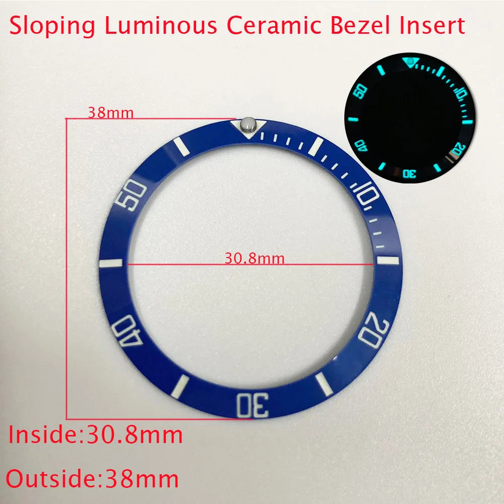 Sloping ceramic bezel insert 38x30.8mm for divers watches, super luminous, durable replacement part.
