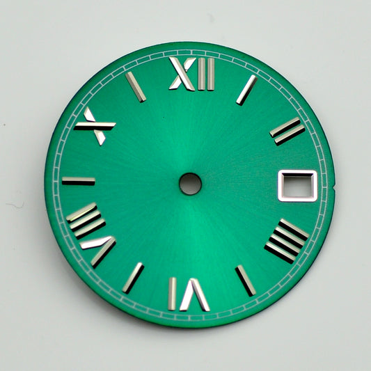 Green 28.5mm Roman Font Watch Dial For NH35 Movement No Lume Silver Nail