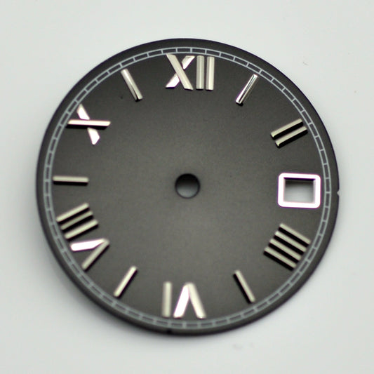 Black 28.5mm Roman Font Watch Dial For NH35 Movement No Lume Silver Nail