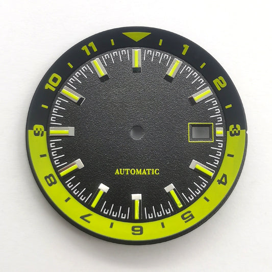 36.5mm Black+Green Watch Dial For NH35 Movement Green Lume No Logo