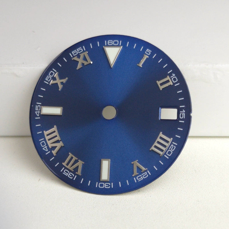 Silver Nail Roman Font Blue 29mm No Logo Watch Dial For NH35 NH36 Green Lume