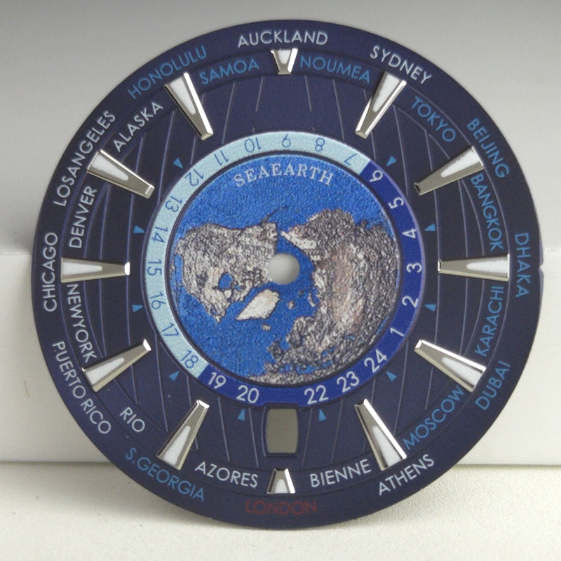 Blue 33.5mm Watch Dial For NH35 NH36 Date At 6 Calendar Map Pattern