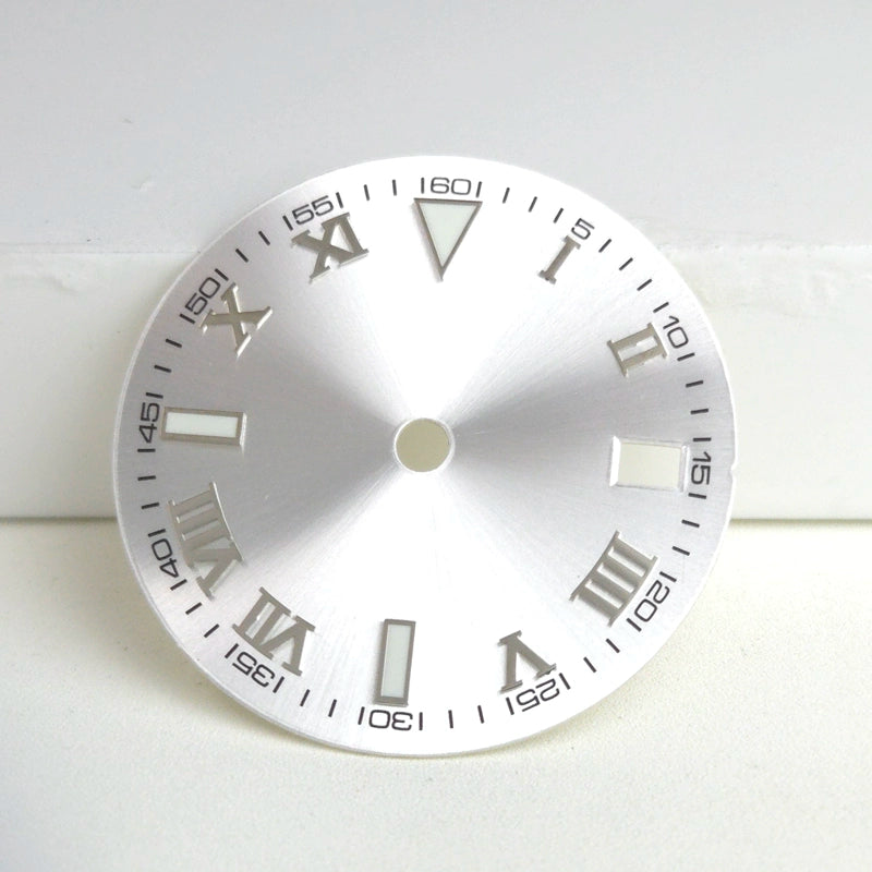 Silver Nail Roman Font White 29mm No Logo Watch Dial For NH35 NH36 Green Lume
