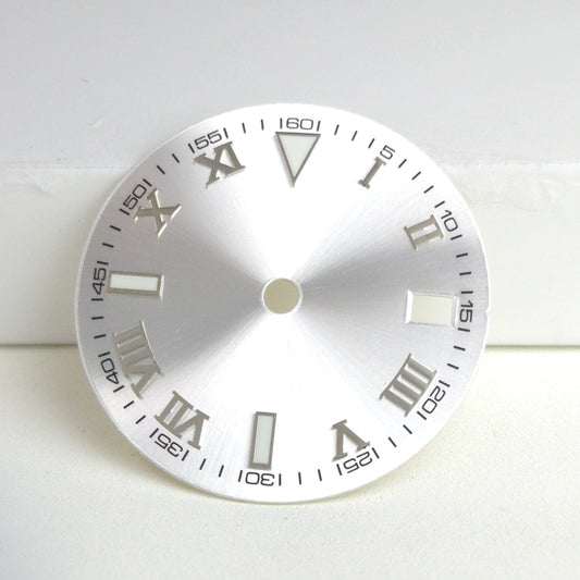 Silver Nail Roman Font White 29mm No Logo Watch Dial For NH35 NH36 Green Lume