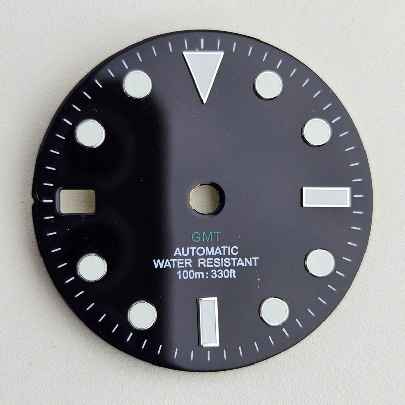 Black 28.5mm Blue Lume Watch Dial For NH35 Movement No Logo Green GMT