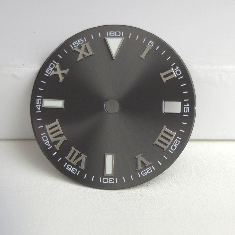 Silver Nail Roman Font Grey 29mm No Logo Watch Dial For NH35 NH36 Green Lume