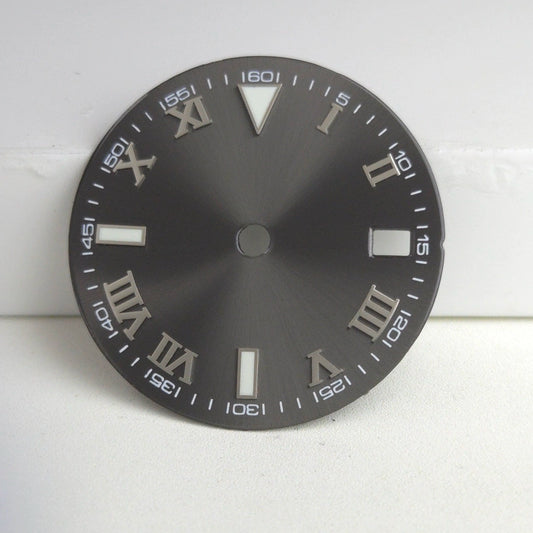 Silver Nail Roman Font Grey 29mm No Logo Watch Dial For NH35 NH36 Green Lume