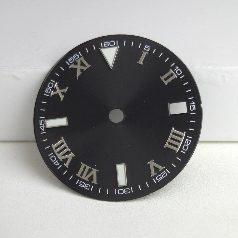Silver Nail Roman Font Black 29mm No Logo Watch Dial For NH35 NH36 Green Lume