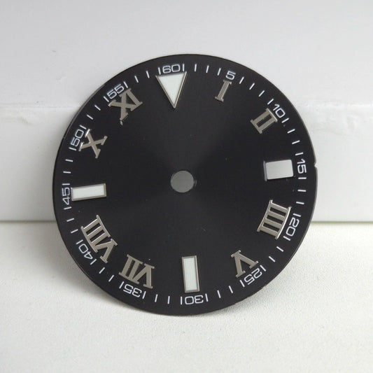 Silver Nail Roman Font Black 29mm No Logo Watch Dial For NH35 NH36 Green Lume